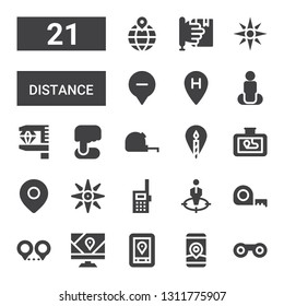 distance icon set. Collection of 21 filled distance icons included Binoculars, Gps, Location, Measuring tape, Position, Walkie talkie, Navigation, Measurement, Learning