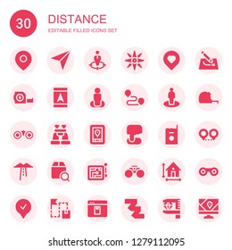 distance icon set. Collection of 30 filled distance icons included Location, Navigator, Position, Navigation, Measuring tape, Gps, Track, Binoculars, Walkie talkie, Route, Localize