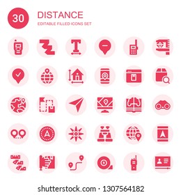 distance icon set. Collection of 30 filled distance icons included Walkie talkie, Measuring tape, Text width, Location, Dimension, Gps, Elearning, Route, Navigator, Learning, Navigation