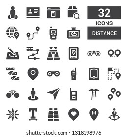 distance icon set. Collection of 32 filled distance icons included Position, Location, Binoculars, Text width, Navigation, Route, Walkie talkie, Navigator, Gps, Measuring tape