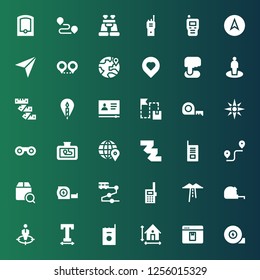 distance icon set. Collection of 36 filled distance icons included Measuring tape, Elearning, Dimension, Walkie talkie, Text width, Position, Route, Track, Localize, Location