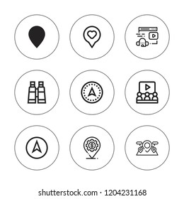 Distance icon set. collection of 9 outline distance icons with binoculars, location, learning, online learning icons. editable icons.