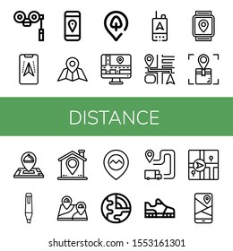 distance icon set. Collection of Binoculars, Gps, Navigator, Park location, Navigation, Location, Marker, Geology, Itinerary, Running shoes icons