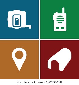 Distance icons set. set of 4 distance filled icons such as measure tape, tunnel, walkie talkie