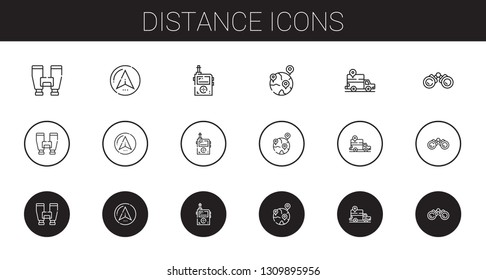 distance icons set. Collection of distance with binoculars, navigator, walkie talkie, geolocalization, gps. Editable and scalable distance icons.