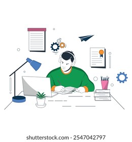 e-learning à distância ou em casa. Um homem senta-se em frente a um laptop e estuda online. Ambiente de aprendizagem. Educação on-line: escola, cursos, webinars, aprendizagem on-line para estudantes. Ilustração vetorial