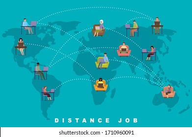 Distance job concept. Online business. Freelance. People. Vector flat illustration.