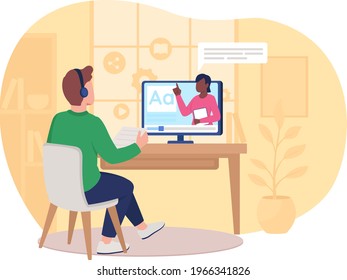 Distance language course 2D vector web banner, poster. Guy in headphones watch online tutorial flat characters on cartoon background. E learning printable patch, colorful web element