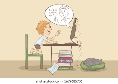 Distance learning. A boy with a teacher is studying math online, funny vector illustration