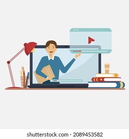 Aprendizaje a distancia o formación empresarial. Una pila de libros, una lámpara, un café y un profesor en línea en un monitor para portátiles. Seminario web de capacitación o seminario de vídeo. Ilustración plana vectorial.