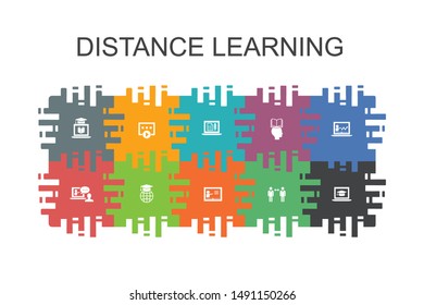 Distance Learning cartoon template with flat elements. Contains such icons as online education, webinar, learning process, video course