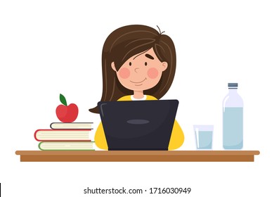 Distance learning child. Vector illustration in cartoon flat style.