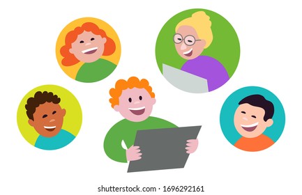  Aprendizaje a distancia. Los niños y el profesor en una clase virtual.