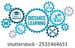 Distance learning concept banner web website icons vector illustration with icons of course, student, learning, communication, e learning, online education, every where, evaluating, on white back icon