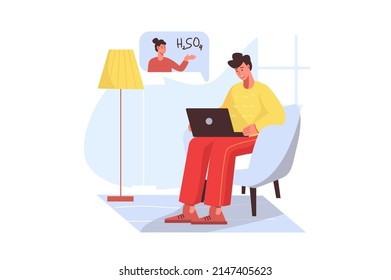 Distance learning concept in flat design. Man student watching webinar at laptop. Woman teacher explaining chemistry at video lesson. Online education. Vector illustration with people scene for web