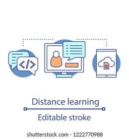 Distance learning concept icon. E-learning idea thin line illustration. Online education. Webinar. Online courses. Vector isolated outline drawing. Editable stroke