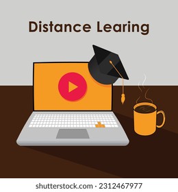 Distance Learning concept, laptop with a graduation cap on top and a coffee cup on the side, e-learning, online learning flat illustration