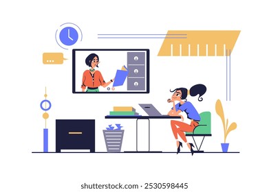 Distance learning concept in modern flat cartoon design for web. Woman watching video seminar and listening teacher, studying remotle at online trainings and doing homework. Vector illustration.