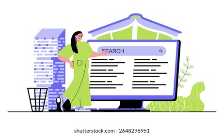Distance learning concept for modern web design. People studying online, searching new information using laptop, watching lectures and lessons. Flat vector illustration isolated on white background.