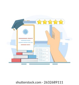 Distance learning concept, Online education discussion, Webinar training program, Online business training, Computer education. Online certification courses. Flat design illustration in the background