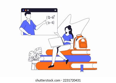 Distance learning concept with people scene in flat outline design. Woman is studying lesson remotely and watching online seminar at home. Vector illustration with line character situation for web