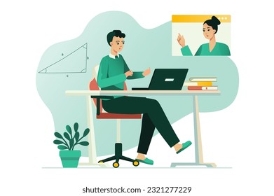 Distance learning concept with people scene in the flat cartoon design. The boy studies geometry according to the teacher's online explanations. Vector illustration.