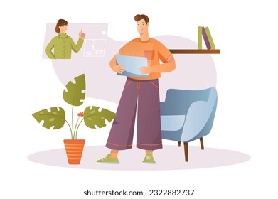 Distance learning concept with people scene in the flat cartoon design. The boy watches a video with the teacher's explanations. Vector illustration.