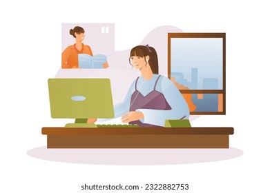 Distance learning concept with people scene in the flat cartoon design. The girl listens to the teacher's explanation at the online lesson. Vector illustration.