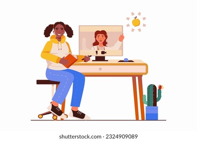 Distance learning concept with people scene in the flat cartoon style. The girl listens to the teacher's explanation at the online lesson. Vector illustration.