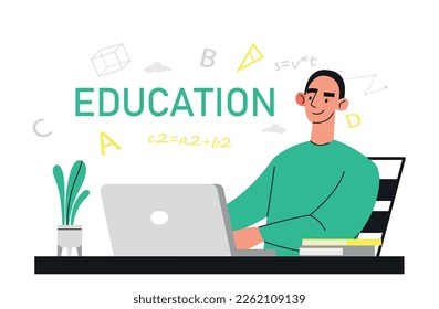 Distance learning concept. Student at laptop doing homework, preparing for test or exam. Education and training, self development, webinar and online lecture. Cartoon flat vector illustration