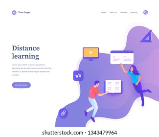 Distance learning concept, students flying people and interaction with tutorial icons. Landing page template. Vector illustration.