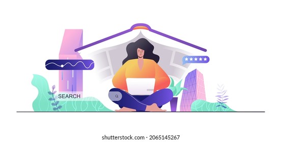 Distance learning concept for web banner. Woman student studying at laptop, online education and e-learning, modern people scene. Vector illustration in flat cartoon design with person characters