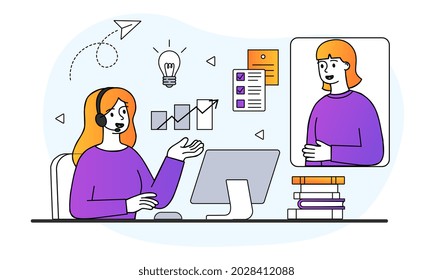 Distance learning concept. Woman sitting at desk and taking online lesson on computer. Remote education. Communication with teacher. Cartoon doodle flat vector illustration on white background