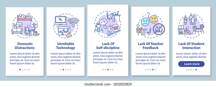 Distance learning cons onboarding mobile app page screen with concepts. Student interaction. Remote education walkthrough 5 steps graphic instructions. UI vector template with RGB color illustrations