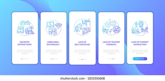 Distance learning cons onboarding mobile app page screen with concepts. Lack of self discipline. E learning walkthrough 5 steps graphic instructions. UI vector template with RGB color illustrations
