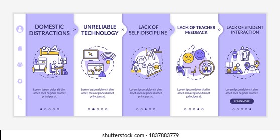 Distance learning disadvantages onboarding vector template. Lack of student interaction. Responsive mobile website with icons. Webpage walkthrough step screens. RGB color concept