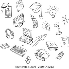 íconos del doodle de aprendizaje a distancia, dibujados a mano, educación e-learning, estudio de escuela en el hogar 