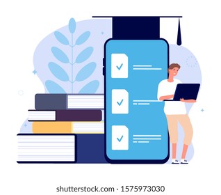 Distance learning. E Learning graduates student, online college. Man with laptop and books, person studying in digital academy. Internet teaching vector concept