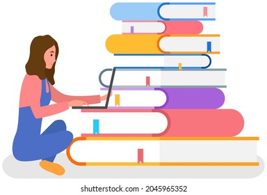 Distance learning education, online library concept. Young woman studies sitting on background of stack of books, using gadget to read textbooks. Reading e-books with laptop, studying online