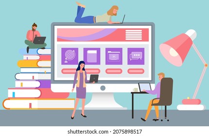 Distance learning education, online library concept. Young people study sit on stack of books, using gadget to read textbooks. Reading e-books with laptop, studying online, remote courses, training