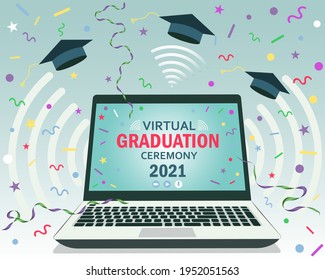 
Distance learning. A festive online broadcast for graduates with the presentation of diplomas on a laptop. Vector illustration in a flat style.