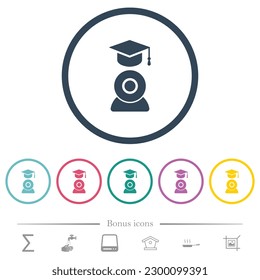 Distance learning flat color icons in round outlines. 6 bonus icons included.
