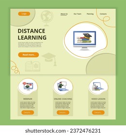 Distance learning flat landing page website template. Webinar, online coaching, video lesson. Web banner with header, content and footer. Vector illustration.