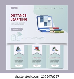 Distance learning flat landing page website template. Webinar, video lesson, online coaching. Web banner with header, content and footer. Vector illustration.