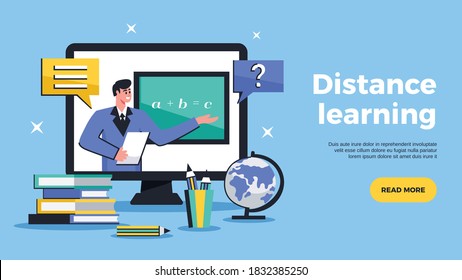 Distance learning flat web banner advertising online education tutoring with sharing computer screen horizontal vector illustration  