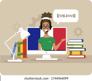 Distance learning a foreign language, the concept of online learning french, watching video courses, preparing for exams, studying at home. Computer with woman on french flag background