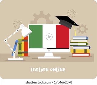 Distance learning of a foreign language, online learning of the Italian language, viewing the form of courses, preparation for exams, study at home. Computer with italy flag and graduate hat