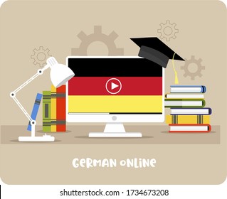 Distance learning of a foreign language, online learning of the German language, viewing video courses, preparing for exams, studying at home. Computer with Germany flag and graduate hat.