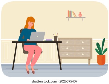 Fernstudium, Freizeit und Internet-Unterhaltung. Frauen arbeiten mit Laptop zu Hause. Remote-Arbeit, Tippen auf der Computertastatur, Freier Online-Zuhause. Girl-Look-Bildschirm. Chatten, Kommunikation