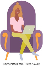 Distance learning, freelance and internet entertainment. Woman working with laptop at home. Remote work, typing on computer keyboard, online home freelancing. Girl sits in armchair while working